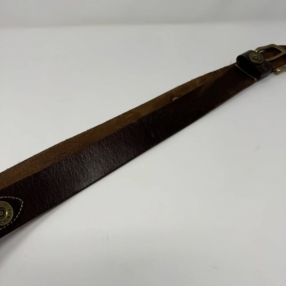 Remington 12 GA Shotgun Shell Dark Brown Leather Belt Brass Buckle Men’s‎ 42
